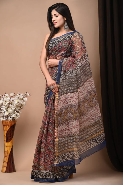 Elegant Hand Block Print Kota Doria Saree  (KDS03)